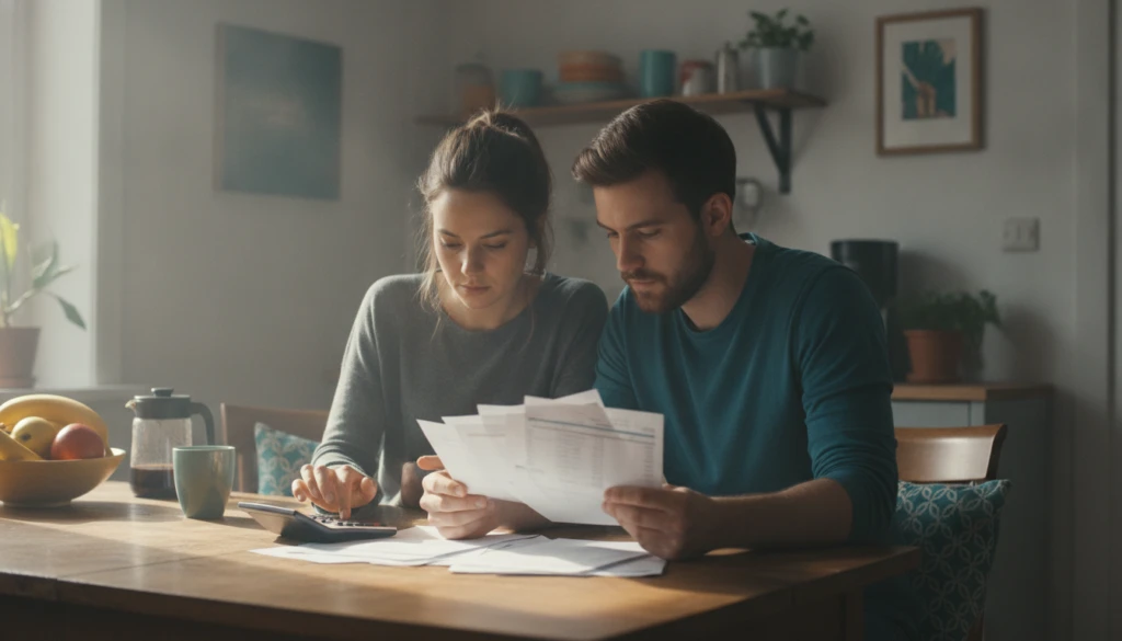 First home buyers in New Zealand calculating how much deposit for first home NZ they need at their kitchen table